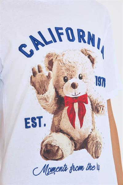 California Nakışlı Tedy Taşlı T-shirt - Siyah