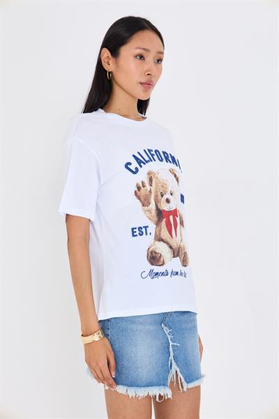 California Nakışlı Tedy Taşlı T-shirt - Siyah