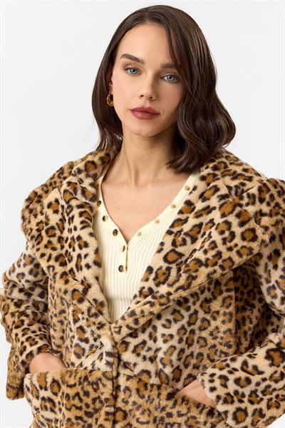 Kapüşonlu Cepli Leopar Peluş Kürk 