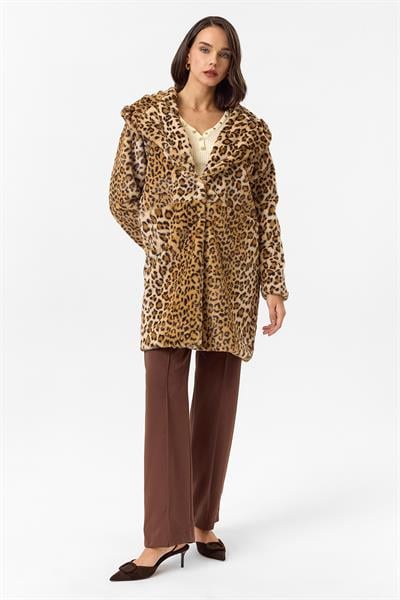 Kapüşonlu Cepli Leopar Peluş Kürk 