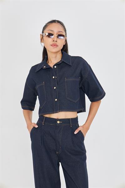Cepli Kısa Kollu Denim Gömlek 