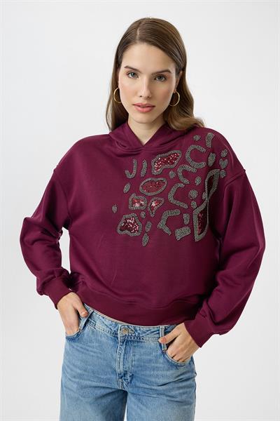 Kapüşonlu Boncuk Nakışlı Crop Sweatshirt