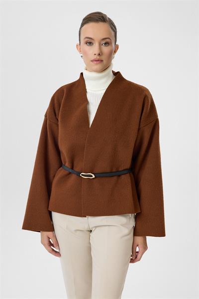 Deri Kemerli Kaşe Kimono