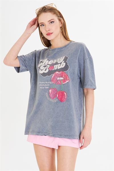 Cherry Bomb Yıkamalı T-Shirt