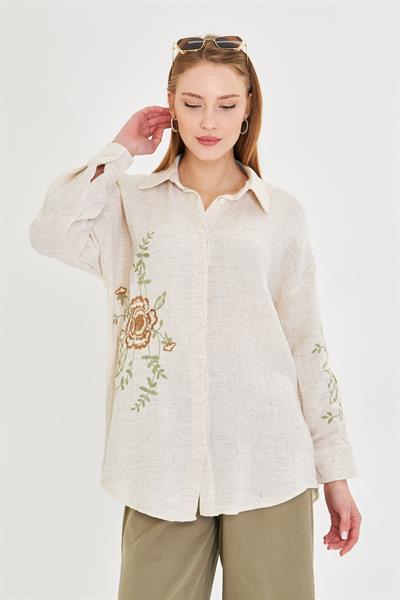 Çiçek Nakışlı Keten Görünümlü Gömlek 