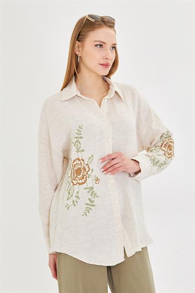 Çiçek Nakışlı Keten Görünümlü Gömlek 
