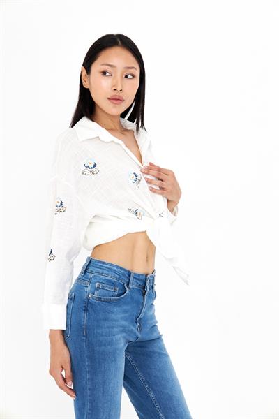 Çıtır Kanaviçe Nakışlı Keten Görünümlü Gömlek 