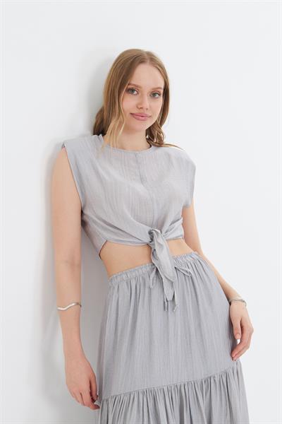 Çizgili Önü Bağlamalı Bluz 