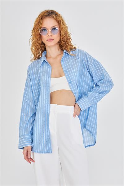 Çizgili Taşlı Poplin Gömlek 
