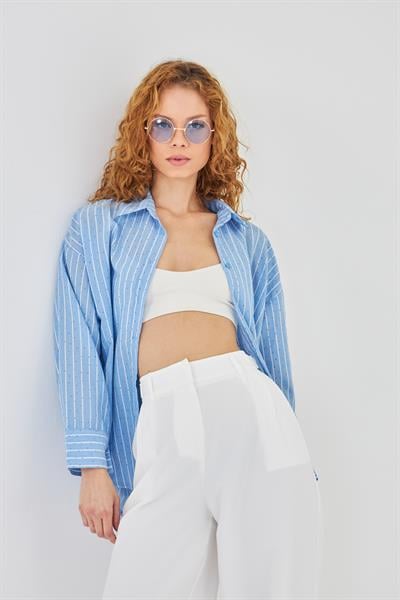Çizgili Taşlı Poplin Gömlek 