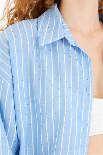 Çizgili Taşlı Poplin Gömlek 