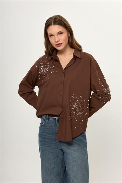 Önü ve Kolu Taşlı Poplin Gömlek