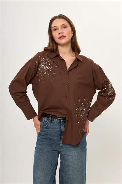 Önü ve Kolu Taşlı Poplin Gömlek