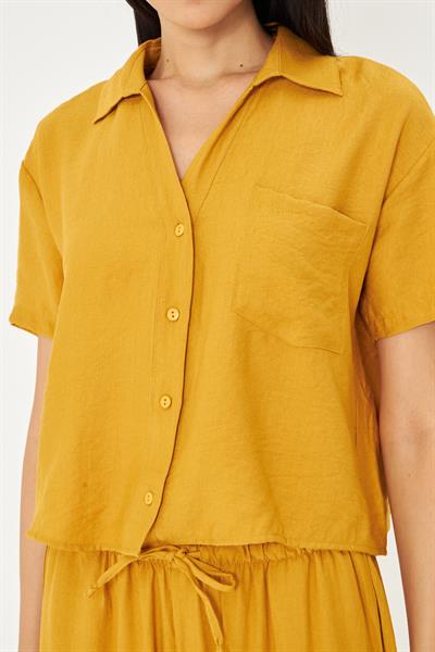 Cepli Kısa Keten Görünümlü Gömlek