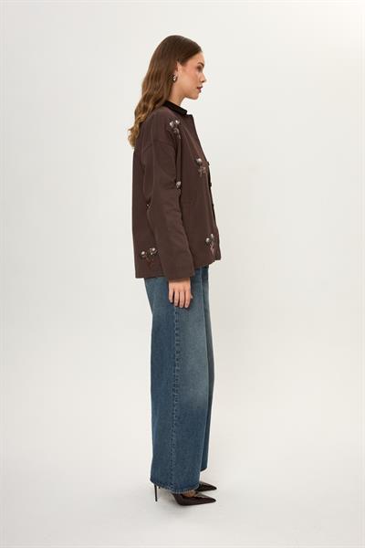 Kadife Yakalı Nakışlı Pamuklu Ceket