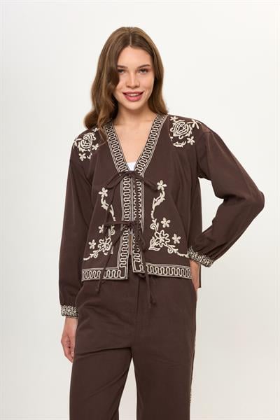 Kahve %100 Pamuk Önü Bağcıklı Nakış İşlemeli Kadın Ceket