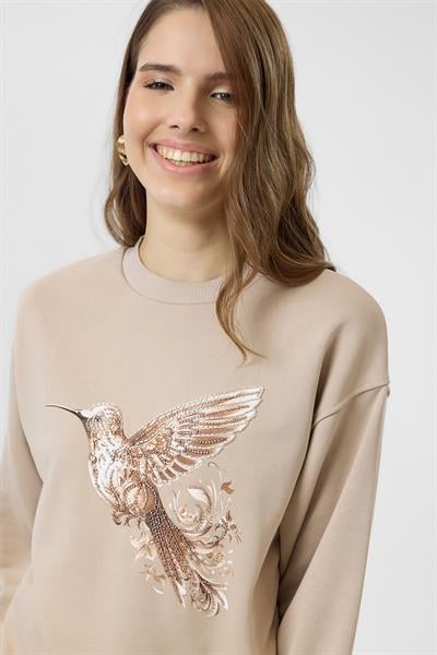 Kuş Baskılı Nakışlı Sweatshirt