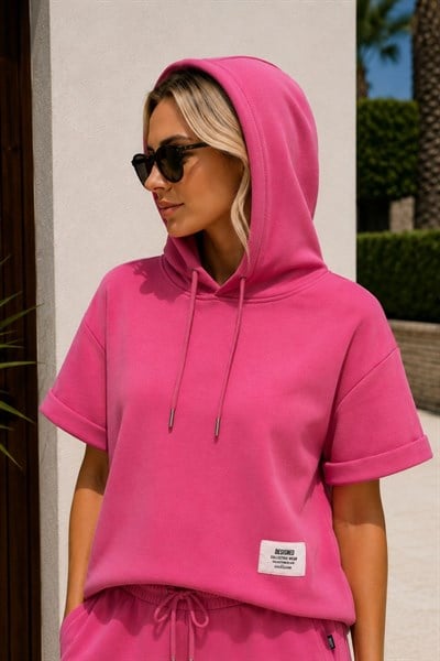 Kapüşonlu Kısa Kol Modal Sweatshirt