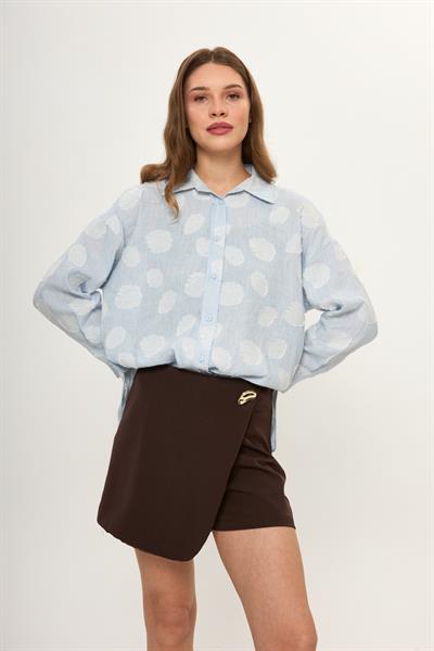 Mavi Keten Görünümlü Jakarlı Rahat Kesim Kadın Gömlek