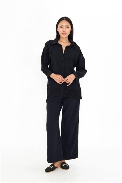 Dantel Detaylı Keten Görünümlü Gömlek 