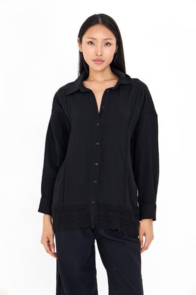 Dantel Detaylı Keten Görünümlü Gömlek 