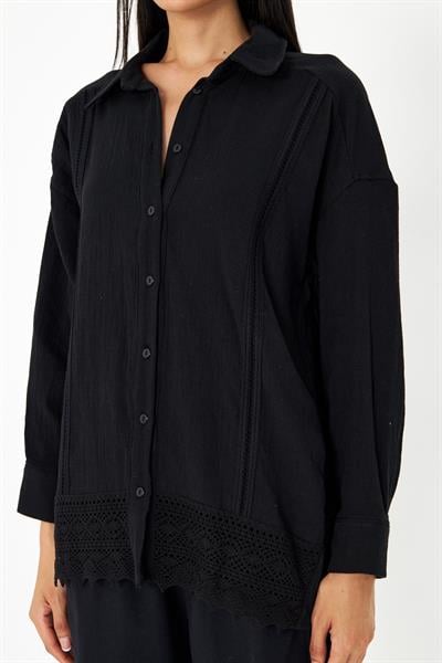 Dantel Detaylı Keten Görünümlü Gömlek 