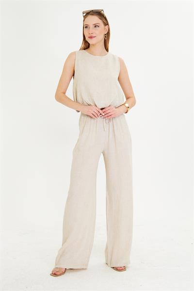 Dar Kemerli Keten Görünümlü Pantolon