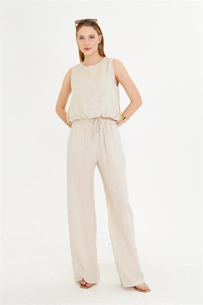 Dar Kemerli Keten Görünümlü Pantolon
