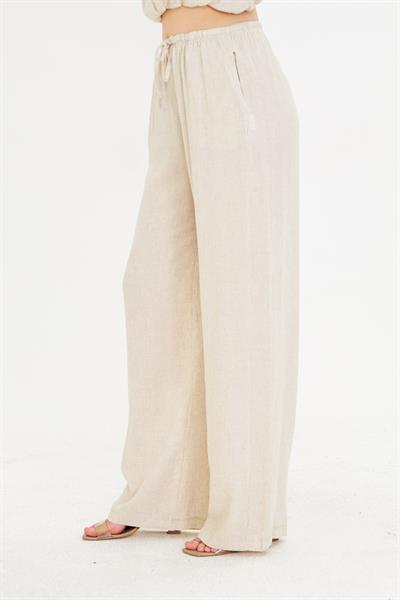 Dar Kemerli Keten Görünümlü Pantolon