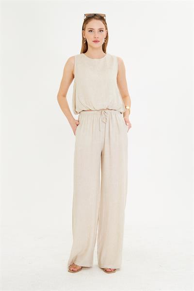 Dar Kemerli Keten Görünümlü Pantolon