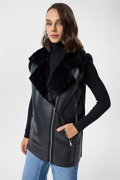 Kruvaze Yaka Fermuarlı Deri Peluş Yelek