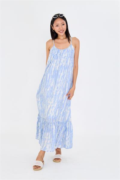 Desenli Askılı Fırfırlı Elbise