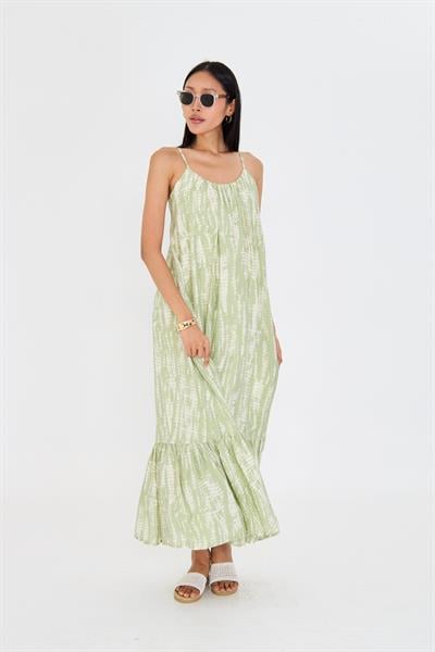 Desenli Askılı Fırfırlı Elbise