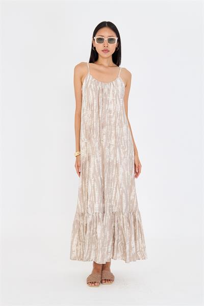 Desenli Askılı Fırfırlı Elbise