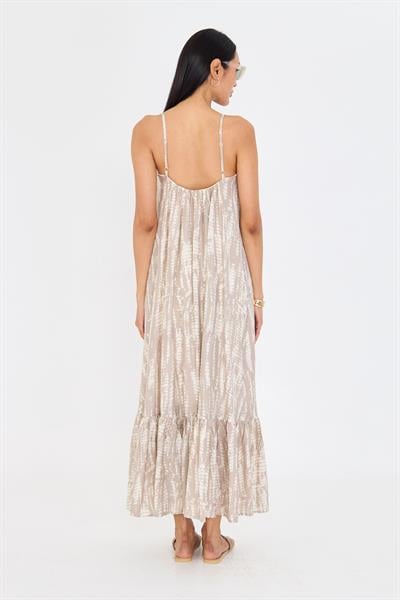 Desenli Askılı Fırfırlı Elbise