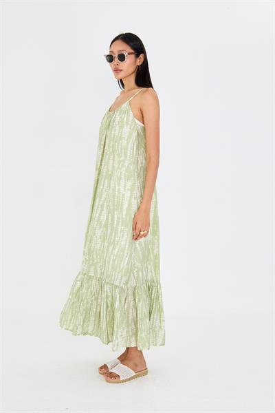 Desenli Askılı Fırfırlı Elbise