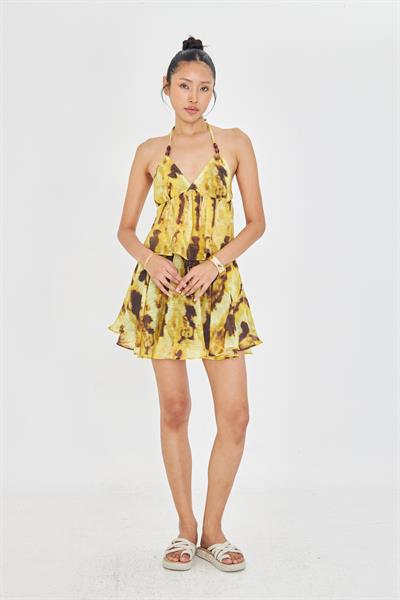 Desenli Sırt Dekolteli Boyundan Bağlamalı Bluz