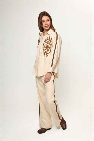 Bej %100 Pamuklu Yanları Şerit Detaylı Rahat Kalıp Kadın Pantolon