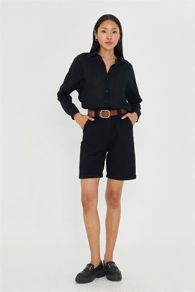 Duble Paça Kemerli Gabardin Şort 