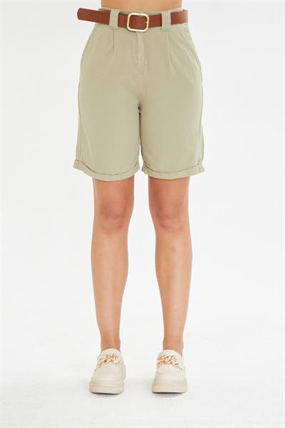 Duble Paça Kemerli Gabardin Şort 
