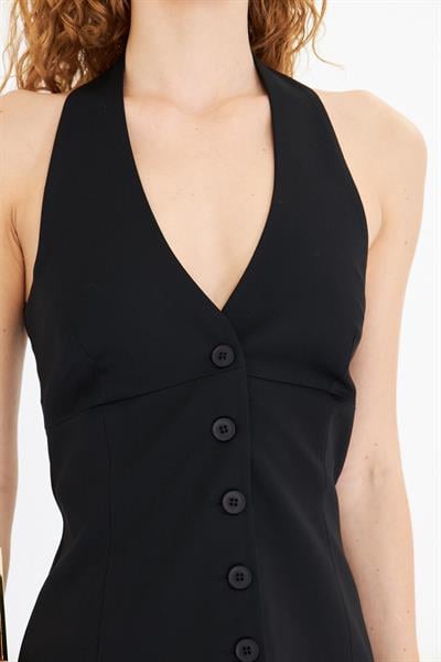 Düğmeli Halter Yaka Yelek 