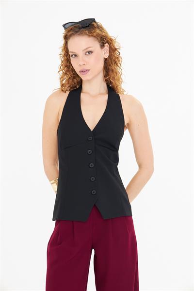 Düğmeli Halter Yaka Yelek 