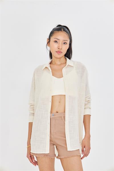 Düşük Omuz Keten Görünümlü Gömlek