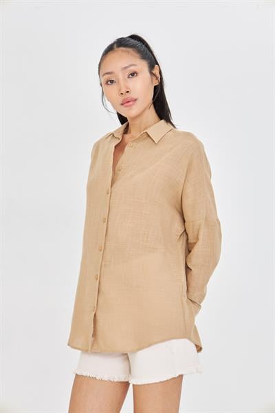 Düşük Omuz Keten Görünümlü Gömlek