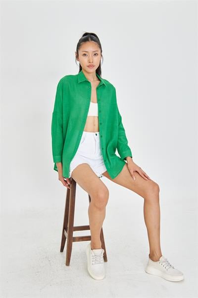 Düşük Omuz Keten Görünümlü Gömlek