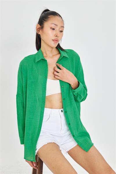 Düşük Omuz Keten Görünümlü Gömlek