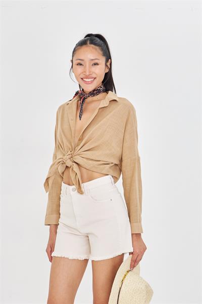 Düşük Omuz Keten Görünümlü Gömlek