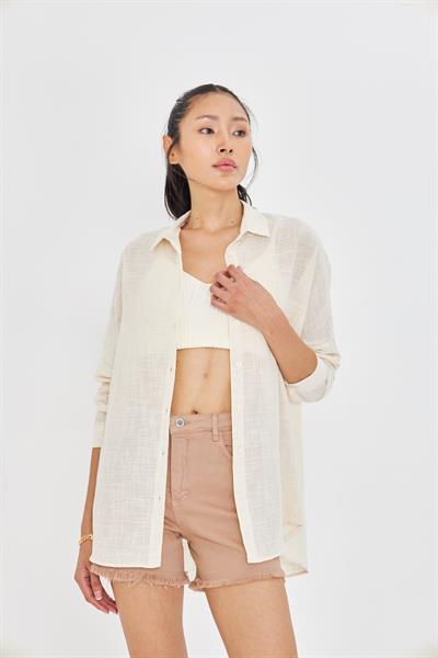 Düşük Omuz Keten Görünümlü Gömlek