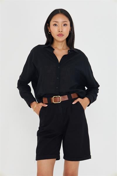 Düşük Omuz Keten Görünümlü Gömlek