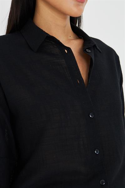 Düşük Omuz Keten Görünümlü Gömlek